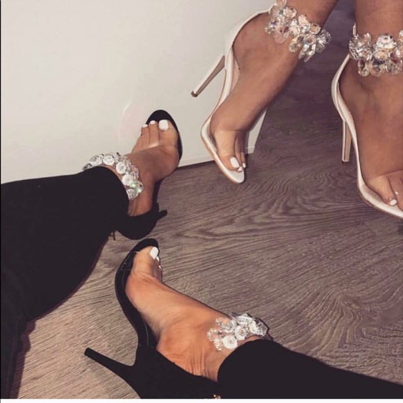 Black Embellished Jeweled Clear Strap Heel - Picture 4 of 4